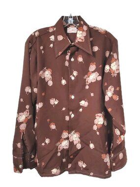 Vtg 70s Ultressa by Gino Fabrini Disco Shirt Brown Floral Dagger Collar Mens M